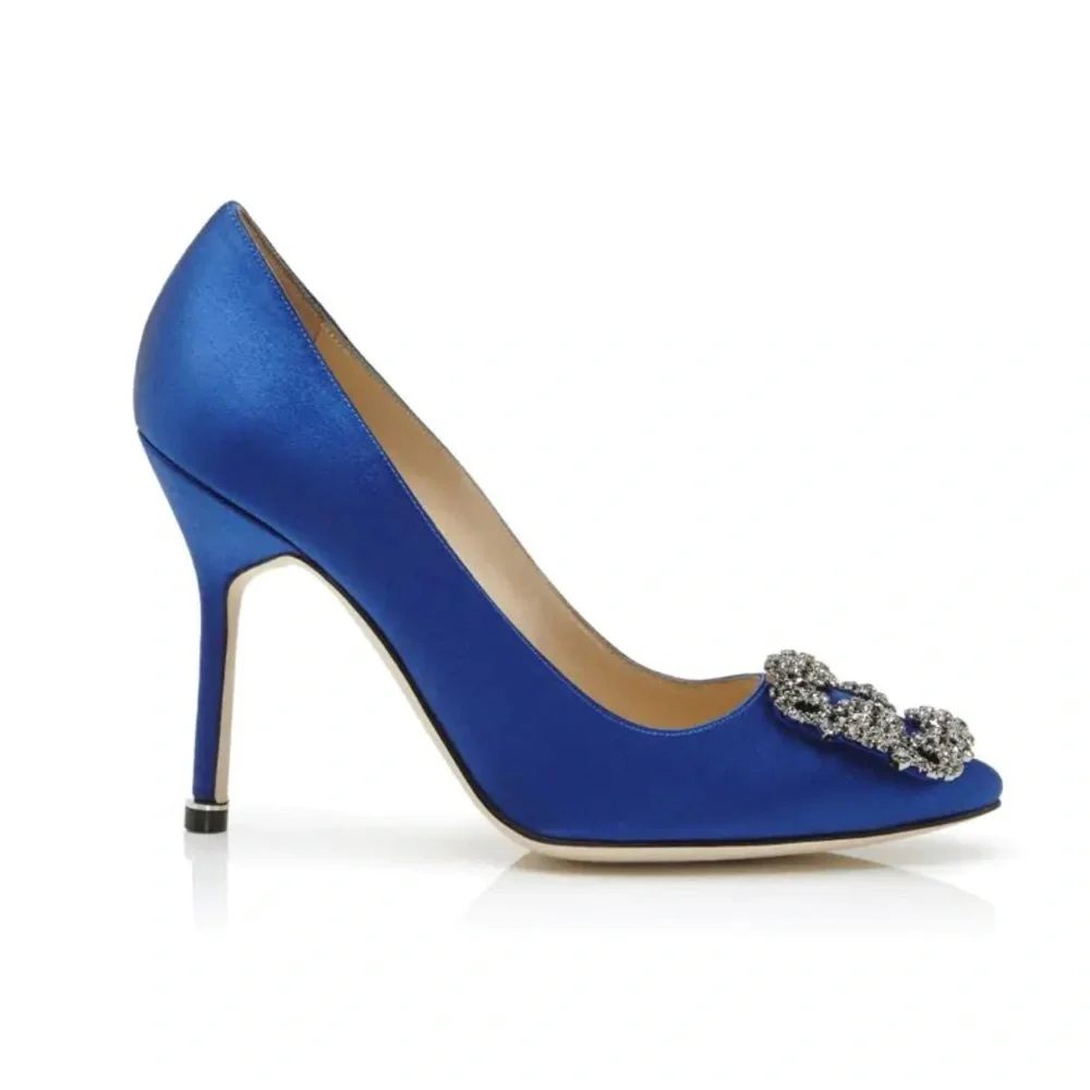 Manolo Blahnik Hangisi Blue Satin Jewel Pumps - Picture 3 of 13